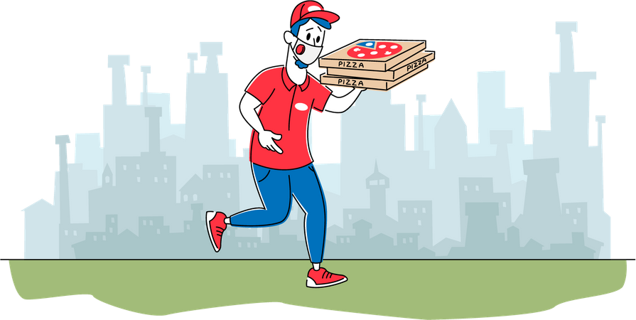 Pizzaria Courier usando máscara entregando pizza aos clientes  Ilustração