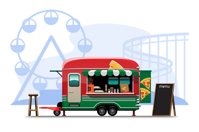 A Vista Lateral Do Food Truck Com Pizzaria Lista De Menu E Cadeira De Madeira Bandeira Na Lateral Do Carro Ilustracao Vetorial No Parque De Diversoes Ilustração