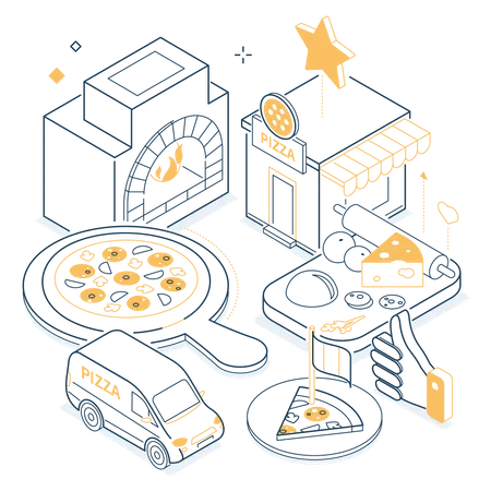 Pizzeria And Delivery Isometric Yellow And Black Line Illustration Online Food Ordering Italian Cafe Idea Cook Pizza On A Board Ingredients Delivery Oven Plate Slice Of Pizza Illustration Illustration
