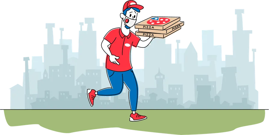 Pizzeria Courier Wearing Mask Delivering Pizza to Customers Illustration