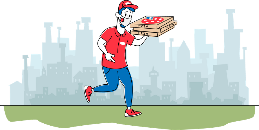 Courrier de pizzeria portant un masque livrant des pizzas aux clients  Illustration