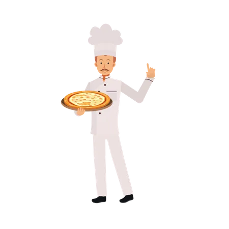 Un Hombre Con Uniforme De Chef Y Gorro De Chef Sostiene Pizza Ilustracion De Personaje De Dibujos Animados De Vector Plano Ilustración