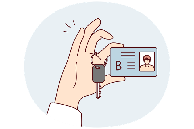 Pkw-Führerschein Klasse B mit Foto und Lkw-Zündschlüssel in der Hand der Person  Illustration