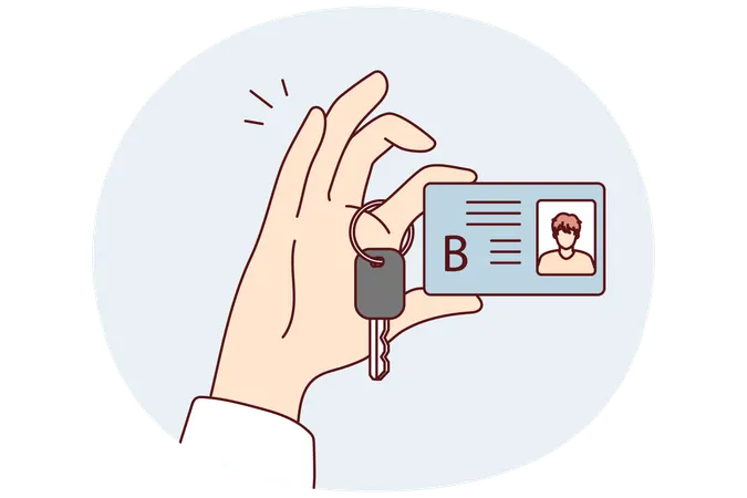 Pkw-Führerschein Klasse B mit Foto und Lkw-Zündschlüssel in der Hand der Person  Illustration