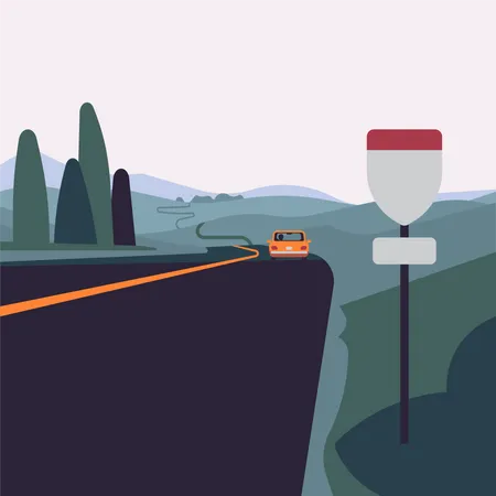 Longo caminho com carro solitário à distância e placa de sinalização rodoviária abstrata  Ilustração