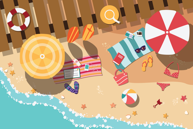 Plage d'été au design plat, bord de mer et articles de plage  Illustration