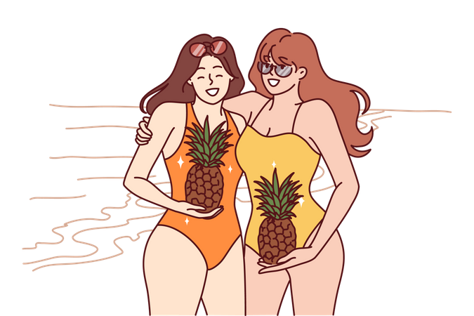 Filles de plage tenant l'ananas  Illustration