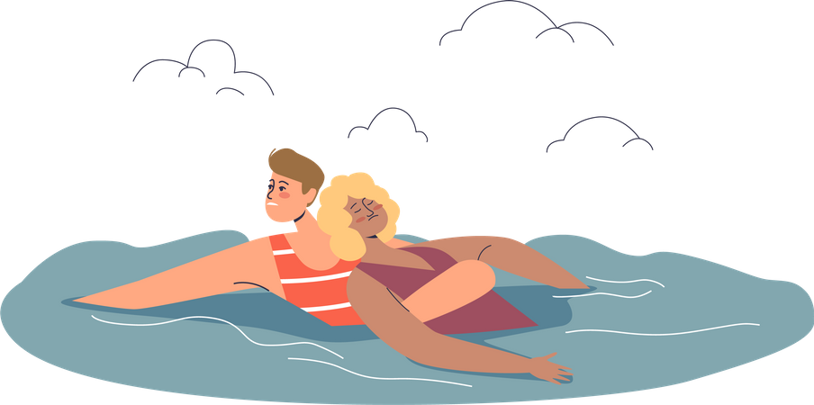 Sauveteur de plage sauvant une femme inconsciente qui se noie dans la mer  Illustration