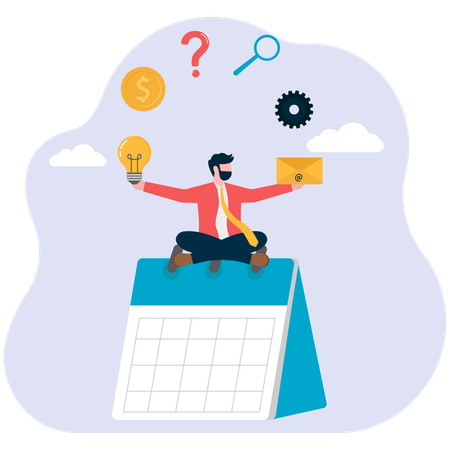 Plan d'affaires, jeune homme ou homme d'affaires travaillant dur avec de nombreuses mains avec un arrière-plan de calendrier. illustration vectorielle  Illustration