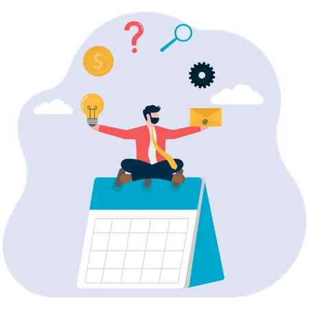 Plan d'affaires, jeune homme ou homme d'affaires travaillant dur avec de nombreuses mains avec un arrière-plan de calendrier. illustration vectorielle  Illustration