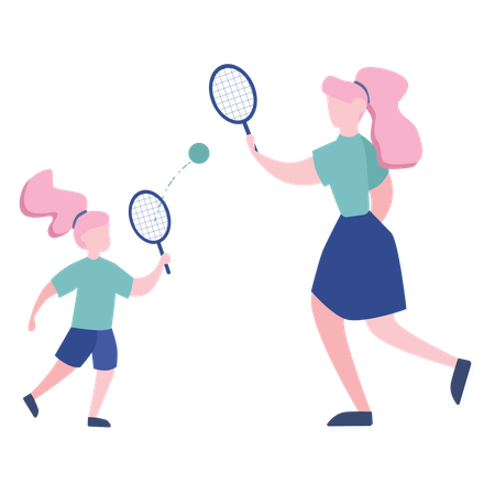 Mère et fille jouant au tennis  Illustration