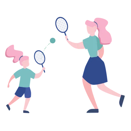 Mère et fille jouant au tennis  Illustration