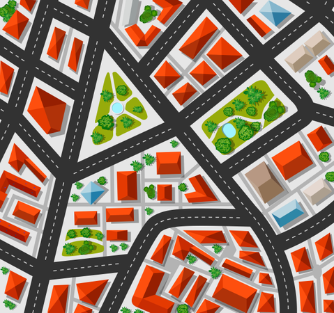 Plan für die Großstadt mit Straßen, Dächern, Autos  Illustration