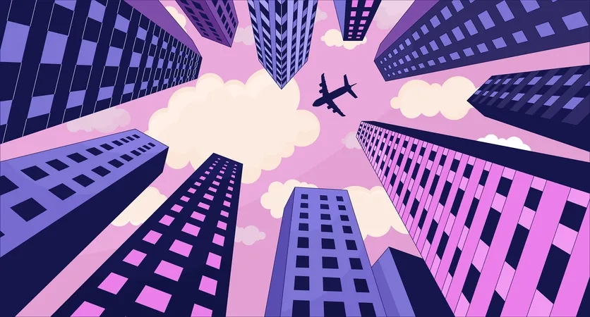 Plane Flying Over High Rise Buildings Lofi Wallpaper Airplane Skyscrapers Below View 2 D Cartoon Flat Illustration Aircraft Megalopolis Dreamy Chill Vector Art Lo Fi Aesthetic Colorful Background Illustration