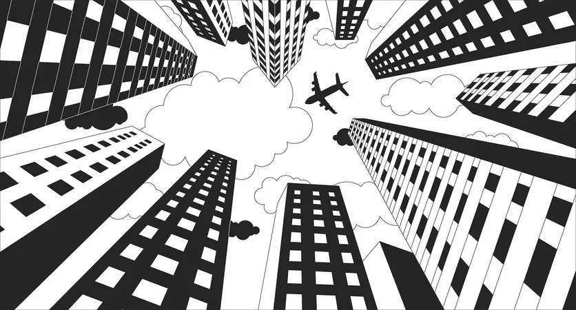 Plane Flying Over High Rise Buildings Black And White Lofi Wallpaper Airplane Skyscrapers Below View 2 D Outline Cartoon Flat Illustration Aircraft Megalopolis Dreamy Vector Line Lo Fi Background Illustration
