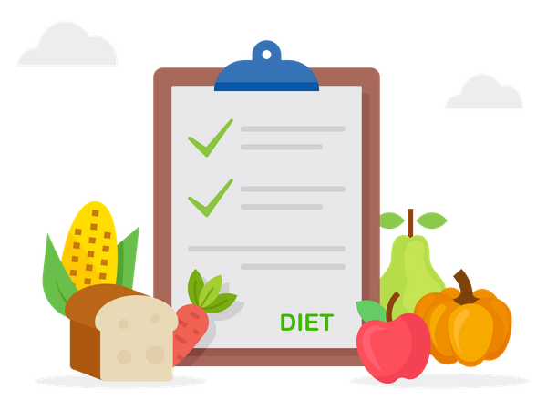 Alimentação saudável e planejamento de dieta com pratos e talheres  Ilustração