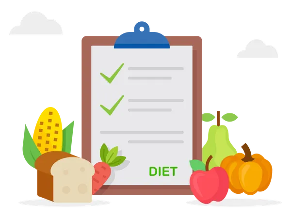 Alimentação saudável e planejamento de dieta com pratos e talheres  Ilustração