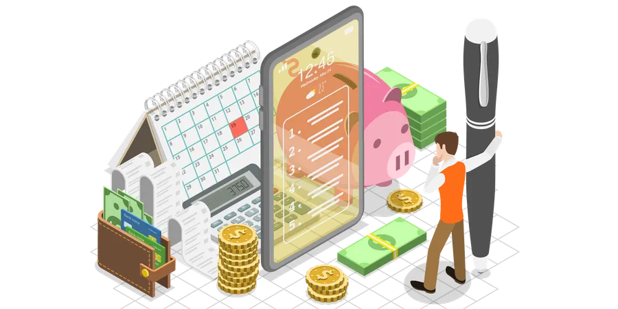 Aplicativo móvel de planejamento orçamentário, orçamento familiar, planejamento de receitas e despesas pessoais  Ilustração
