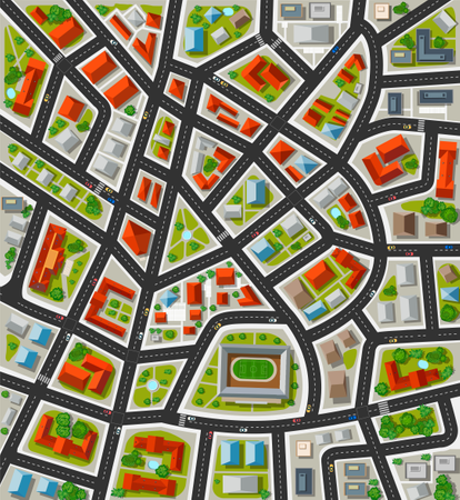 Planeje a cidade grande com ruas, telhados, carros  Ilustração