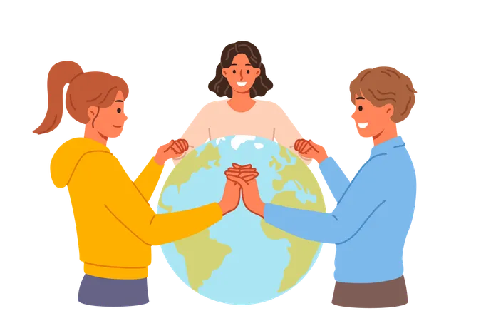 Planet earth day celebrated by people holding hands  Illustration