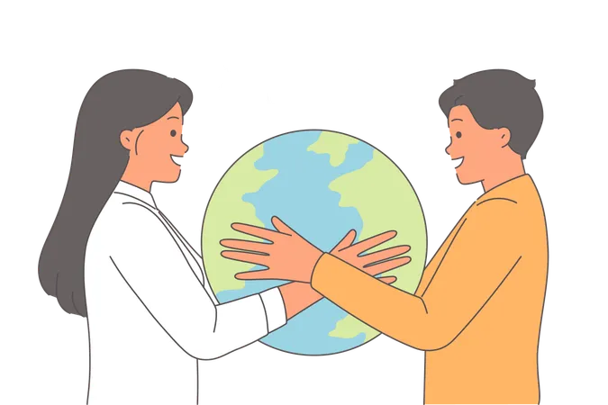 Planet in hands of man and woman eco-activists who care about preserving environment  Illustration