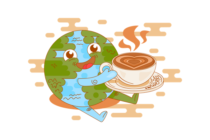 Planeta Terra tomando café na hora do intervalo  Ilustração