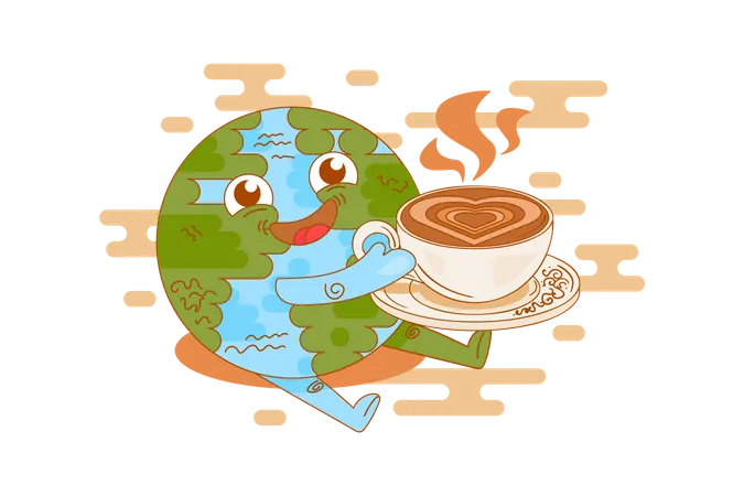 Planeta Terra tomando café na hora do intervalo  Ilustração