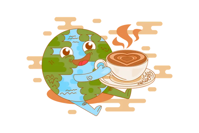 Planeta Tierra tomando café en el recreo.  Ilustración