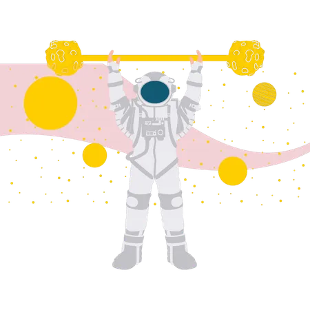 Astronauta levantando planetas  Ilustração