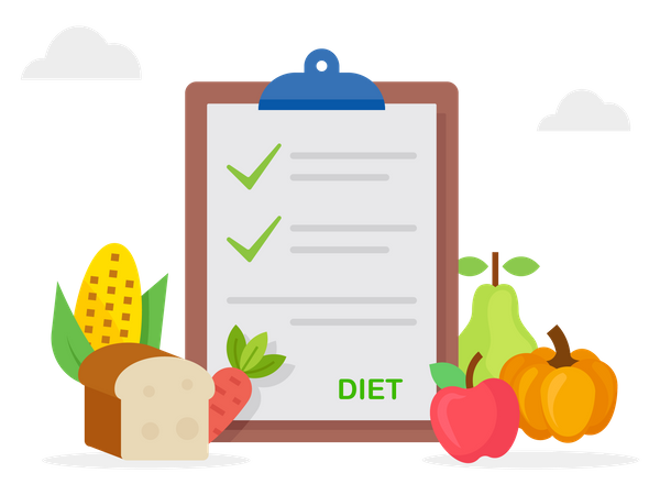 Planification d'une alimentation saine et d'un régime alimentaire avec vaisselle et couverts  Illustration