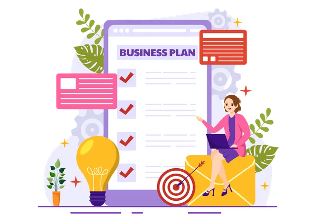 Business Plan Vector Illustration With Target Planning Workflow Time Management Statistical And Data Analysis In Flat Cartoon Background Illustration