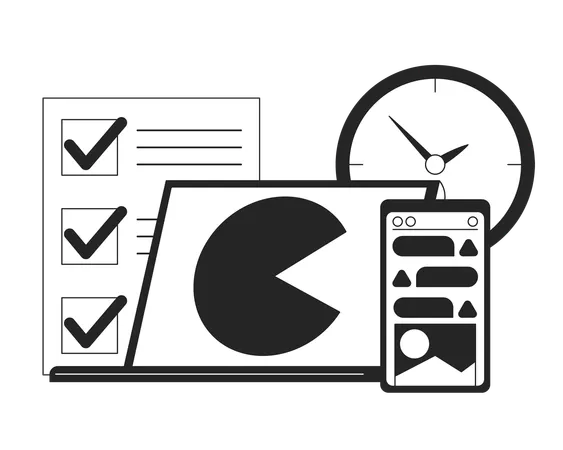 Planning Tasks Bw Concept Vector Spot Illustration Working Time Laptop Checklist Phone 2 D Cartoon Flat Line Monochromatic Objects For Web UI Design Productivity Editable Isolated Outline Image Illustration