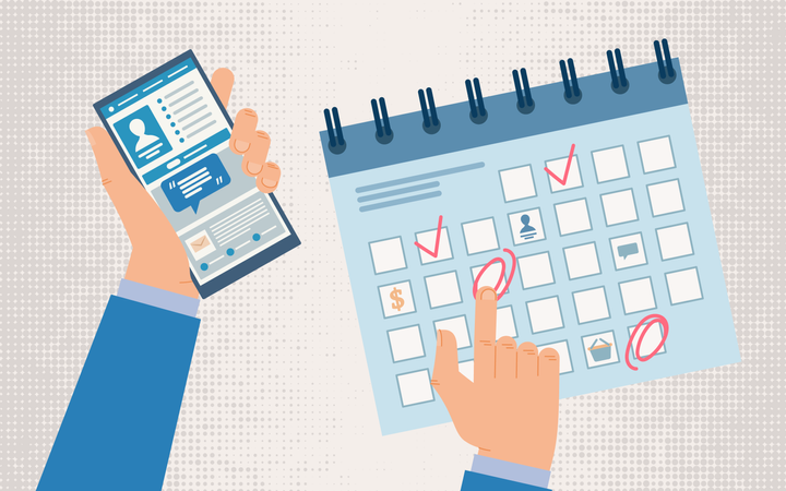 Planning Work Schedule, Time Management with Mobile Phone Application  Illustration