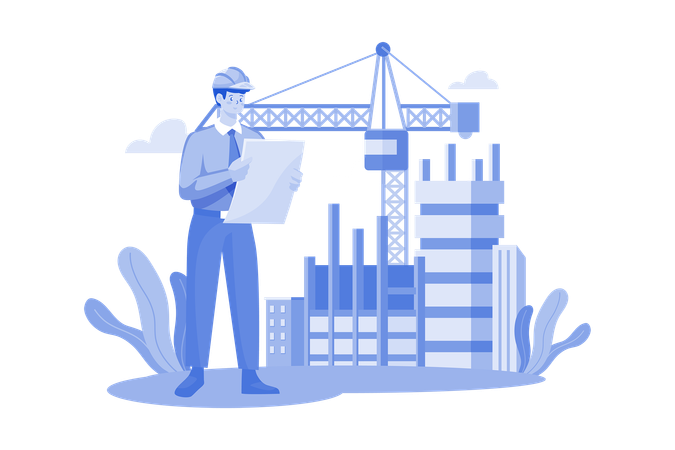 Constructor mirando el plan arquitectónico del proyecto  Illustration