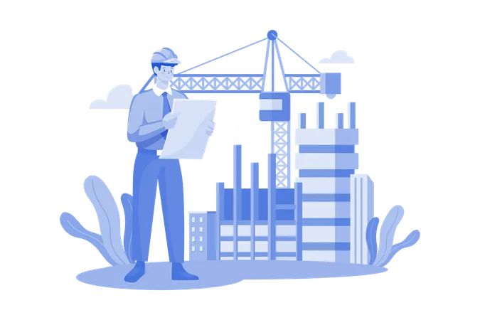 Constructor mirando el plan arquitectónico del proyecto  Illustration