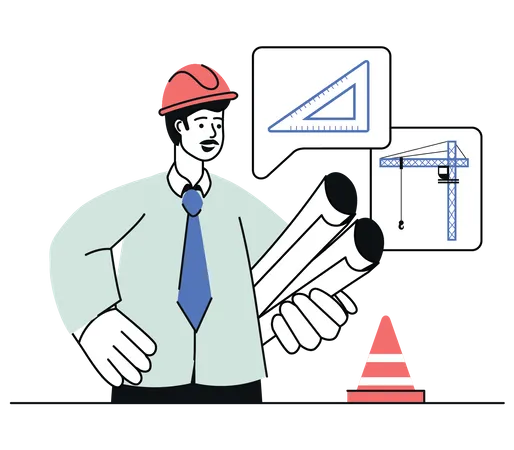 Engenheiro de construção segurando plantas  Ilustração