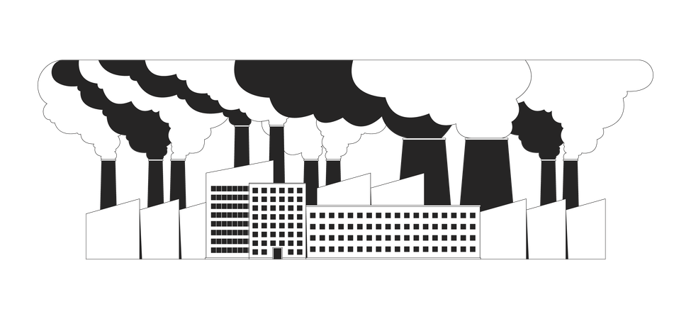 Planta de producción con gran nube de smog  Ilustración