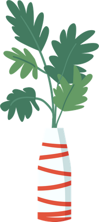 Planta tropical em vaso branco listrado vermelho  Ilustração