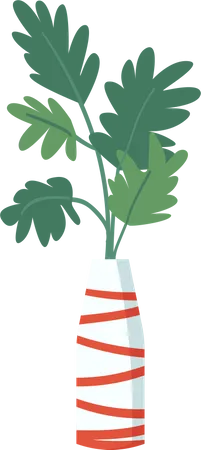 Planta tropical en jarrón blanco a rayas rojas.  Ilustración