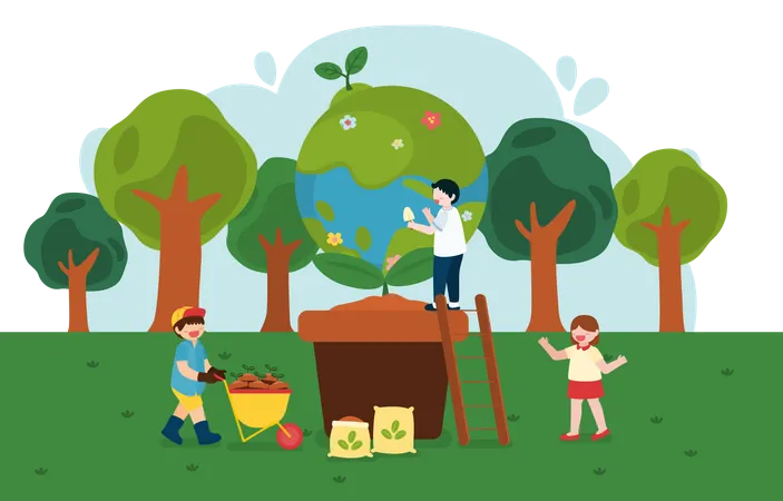 As Criancas Ajudam A Plantar Arvores No Feliz Dia Da Terra Em Personagem De Desenho Animado Ilustracao Vetorial De Estilo Plano Ilustração