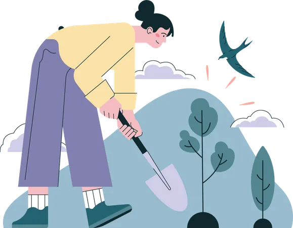 Mujer plantando arbol  Ilustración