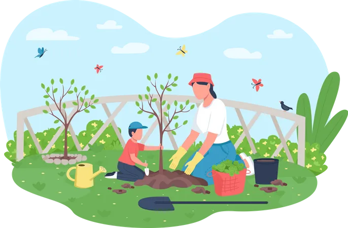 Plantando arboles juntos  Ilustración