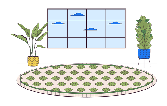 Alfombra acogedora sala de estar con plantas de interior redondas  Ilustración