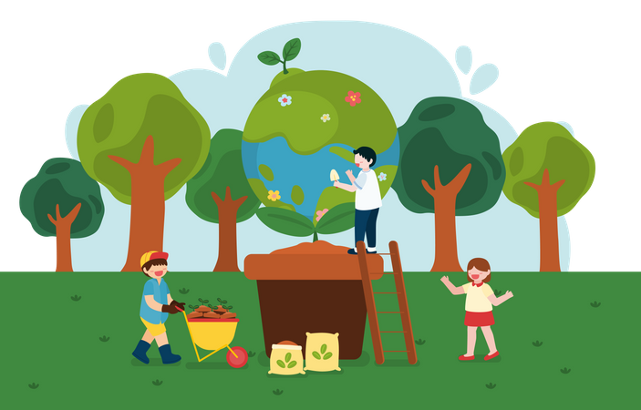 Plantation d'arbres par des enfants  Illustration