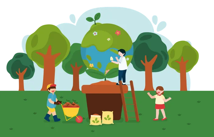 Plantation d'arbres par des enfants  Illustration