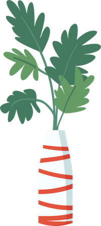 Plante tropicale dans un vase blanc rayé rouge  Illustration