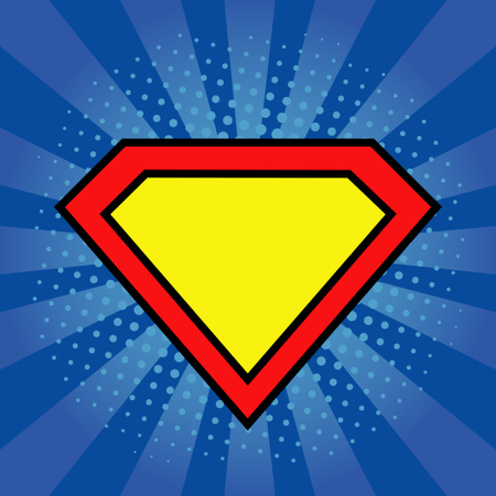 Plantilla de logotipo de superhéroe en azul brillante, fondo de arte pop  Ilustración