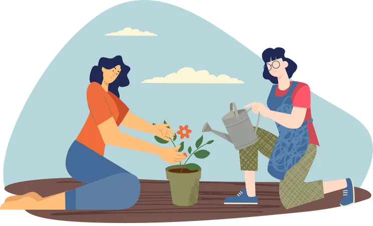 Planting a flower together  Illustration