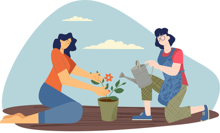 Planting a flower together  Illustration