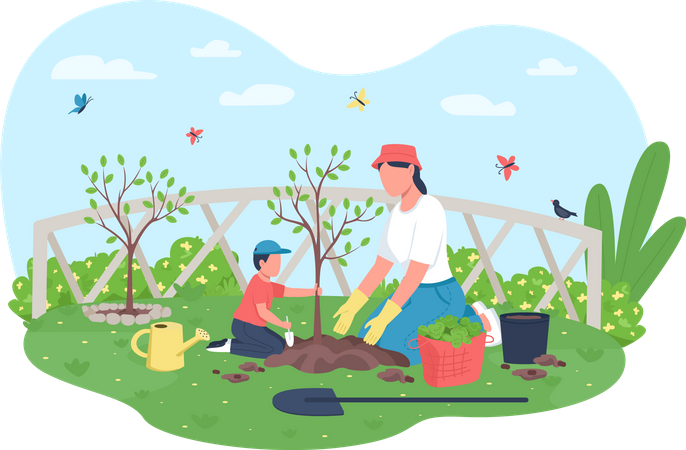 Planting tree together  Illustration